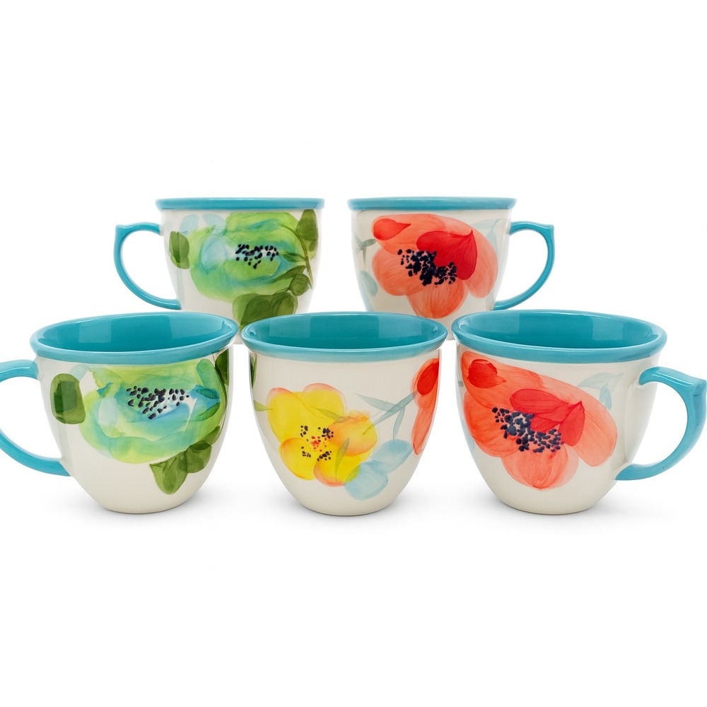 Pioneer Woman FLEA MARKET Blue Turquoise Floral Coffee Cup Mugs 16oz.  Set Of 5